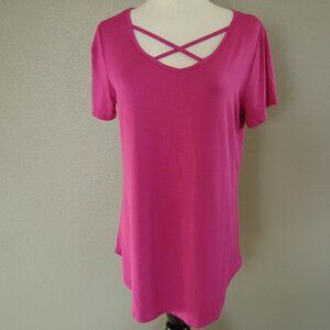 New Womens Top Pink Criss Cross Short Sleeve Tee T-Shirt Slight Rounded Hem sz M